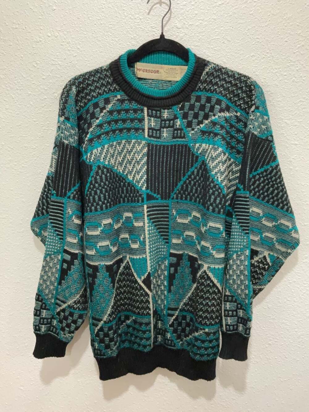 Vintage McGregor Geometric Abstract Knit Sweater Teal Black Size Large